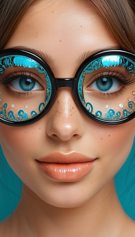 Close-up gorgeous girl face, cute, (bangs:1.1), freckles, light tan, striking (large eyes:1.4), teal eyes, aligned eyes, mirror eyes, (smile:1.1),
(wearing very detailed Venetian Mask:1.1),  perfect hair,round black glasses,
BREAK,
(very long lashes:1.5), trendy portrait,
tender Aesthetic nose, ears, puffy lips, sensual lips, detailed texture, detailed eyes, detailed skin, clean skin,
<lora:Someplastic:1>, (ultra sharp focus:1.8), (detailed skin:1.8), (thin lines:1.8), (best quality:1.8),
<lora:Apparatus_-_Traction_City_Walkers_Vehicles:0.7>,
<lora:add-detail-xl:2> (ultra sharp focus:1.8), (detailed skin:1.8), (thin lines:1.8), (best quality:1.8),
<lora:glowneon_xl_v1:0.8>