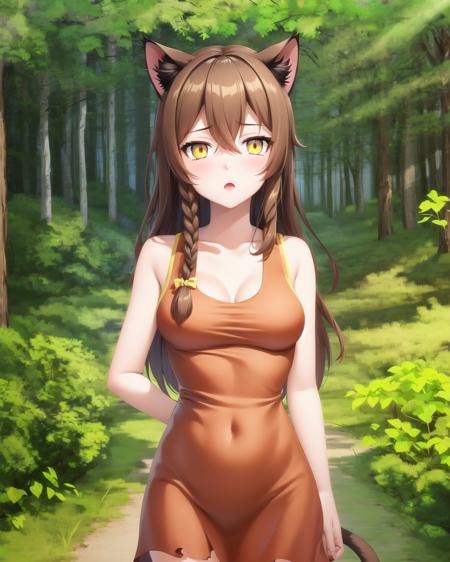 YVAO, 1girl, animal ears, braid, brown hair, cat ears, hair between eyes, long hair, looking at viewer, medium breasts, solo, tail, yellow eyes, red dress, cat girl, cat ears, outdoors, forest, night