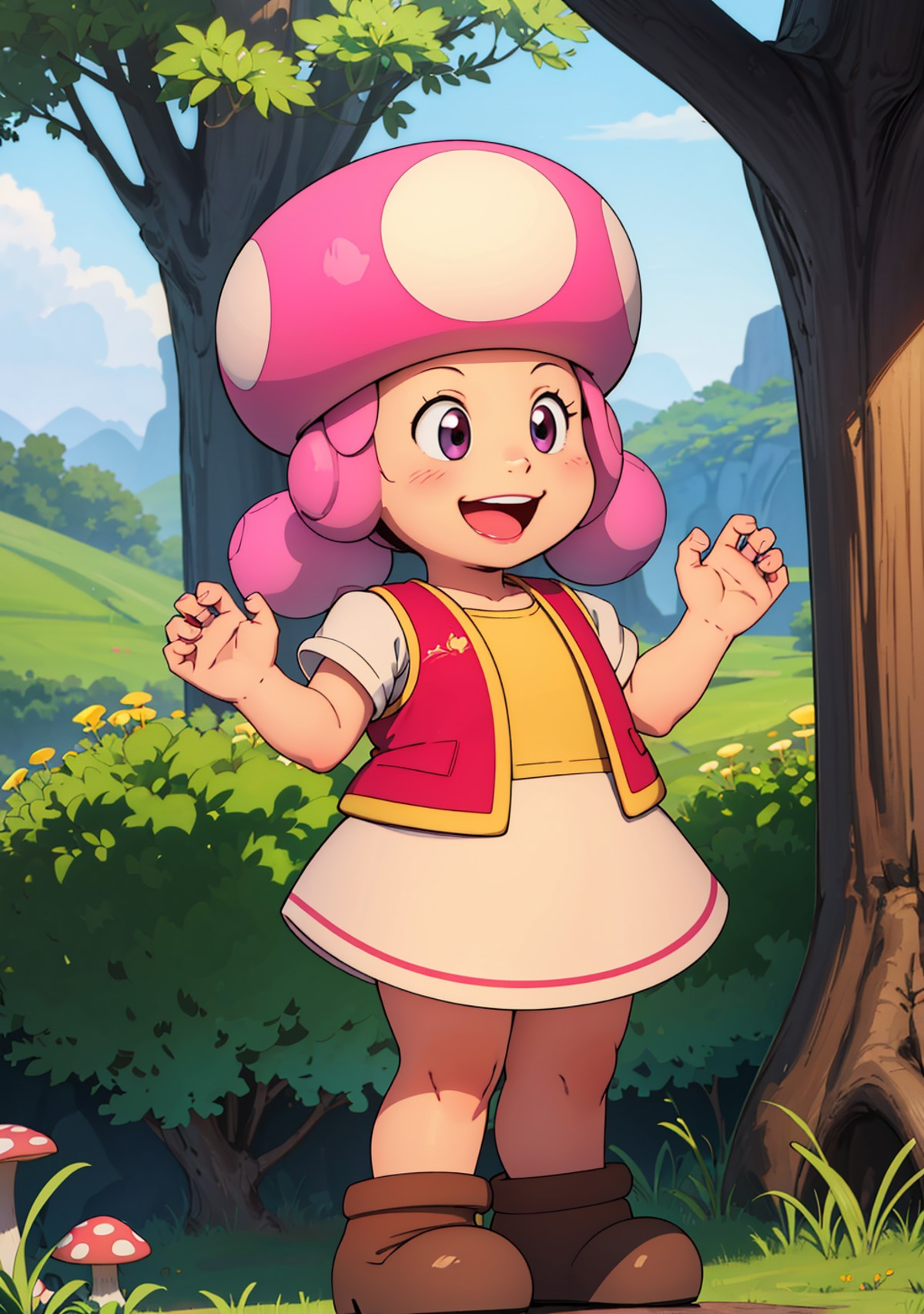masterpiece, best quality, 8k, best quality, <lora:toadette_nintento_v1:0.95>, toad, (toadette:1.1), 1girl, solo, smile, s...
