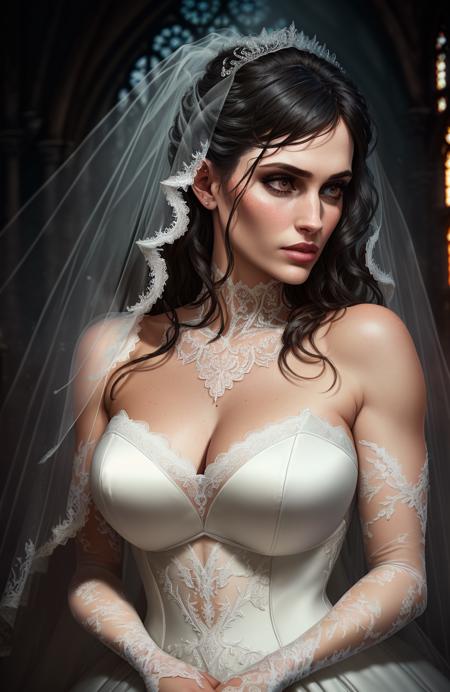 Style-Bridal, award winning photo,thick thighs,wide hips,huge thighs,from above,high heels,full body, thigh highs,(skindentation:1.3),(photorealistic face:1.2),(1girl:1.4),thick eyelashes,long eyelashes,arm straps,choker,legwear,thigh highs,(skindentation:1.3),(white wedding dress, lace:1.3),best quality, 1girl, bright (medieval street:1.3), medieval people,(crowd:1.3),(outdoors:1.2),dynamic pose,hair ribbon,hair band, smile,parted lips,looking fantasy, extremely detailed, intricate, moody and melancholic atmosphere with black background by lee jeffries nikon d850 film stock photograph 4 kodak portra 400 camera f1.6 lens rich colors hyper realistic lifelike texture dramatic lighting trending on artstation cinestill 800, Style-Cloister, deep shadow, trees, Cathedral