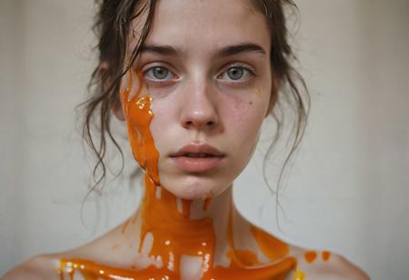 Ultra detailed film photograph with tiny depth of field, shot in an empty studio space with complex lighting. The bare bust of a beautiful woman, her hair and face and slender neck and delicate collarbone and small firm breasts. She looks stoic and severe, soft eyes that are perfectly in focus. Her mouth is overflowing with thick paint, From her lips flows richly orange  colored paint, drooling and trickling  from her lips down her chin, dripping on her tiny breasts, her erect nipples. trickling down her neck. Everything else slips out of focus. Surreal and artistic.