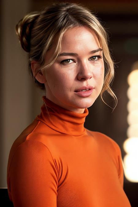 photo of extremely sexy (rzellw:0.99), a woman as a sexy student, closeup portrait upsweep updo, (Construction Orange tight long sleeve turtleneck top), at a cantina sitting bar (masterpiece:1.5) (photorealistic:1.1) (bokeh) (best quality) (detailed skin texture pores hairs:1.1) (intricate) (8k) (HDR) (wallpaper) (cinematic lighting) (sharp focus), (eyeliner)