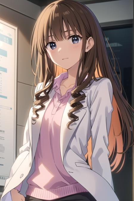 taeanegasaki, <lora:tae anegasaki s2-lora-nochekaiser:1>,
tae anegasaki, long hair, brown hair, (light brown hair:1.2) drill hair, (black eyes:1.5), bangs, blunt bangs, smile,
BREAK labcoat, shirt, (pink shirt:1.2), collared shirt, skirt, pencil skirt, black skirt, (white labcoat:1.2),
BREAK indoors, classroom,
BREAK looking at viewer, (cowboy shot:1.5),
BREAK <lyco:GoodHands-beta2:1>, (masterpiece:1.2), best quality, high resolution, unity 8k wallpaper, (illustration:0.8), (beautiful detailed eyes:1.6), extremely detailed face, perfect lighting, extremely detailed CG, (perfect hands, perfect anatomy),