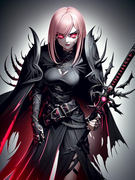 A girl with pink hair, distinctive hairstyle that is easily recognizable, medium height, small bust, scar in the shape of a 'Z' on her left cheek. Her hair is long and silky, cascading down her back in loose waves, framing her face perfectly. She has an angular face with high cheekbones, giving her a regal and fierce appearance. Her skin is porcelain pale, with a smooth, almost ethereal quality that contrasts sharply with her dark outfit.
Her eyes are a striking, deep crimson red, with an intense, almost hypnotic gaze that can pierce through the darkness. They are almond-shaped, framed by long, thick black eyelashes that enhance their captivating allure. The irises have a faint glow, hinting at her vampire nature, and when she is in battle or experiencing strong emotions, they can flash even more brightly. Her brows are well-defined, slightly arched, and add to her overall determined and fierce expression.
Her nose is straight and delicate, complementing the symmetry of her face. Just below, her lips are full and naturally tinted with a soft rose hue. When she smiles, her fangs are subtly revealed, sharp and gleaming, a reminder of her vampiric heritage. Her smile can be both enchanting and intimidating, depending on her mood and intentions.
She wears minimal makeup, allowing her natural beauty to shine through, but she enhances her eyes with a touch of dark eyeliner and mascara, making them even more striking. On her left cheek, the scar in the shape of a 'Z' is a noticeable feature, adding to her warrior persona. The scar is slightly raised and a few shades lighter than her pale skin, a constant reminder of her battles and the hardships she has endured.
Her black outfit is made from high-quality, durable materials, perfectly tailored to fit her form. The black shorts are made of a flexible, matte fabric, allowing for freedom of movement, with small silver rivets along the sides for added detail. Her tight-fitting black top has long sleeves, adorned with intricate silver patterns resembling vines and thorns that run along the arms and sides, catching the light subtly as she moves.
She wears black fingerless leather gloves with small metal studs on the knuckles, adding both protection and style. Her sturdy black combat boots have silver buckles and are designed for both durability and comfort, perfect for stealth and agility. The tactical belt around her waist is equipped with multiple pouches for carrying essential equipment, and a few sleek throwing knives are discreetly attached for easy access.
Her katana, sheathed on her left side, features a golden hilt intricately engraved with ancient symbols. The blade is predominantly black, with a striking red stripe running along the top length, and it emits a faint red glow, especially in the dark. The katana is not only a weapon but also a symbol of her strength and heritage.
She wears a lightweight, black tactical vest over her top, fitted with additional pockets and compartments. Around her neck, she has a black choker with a small silver pendant shaped like a bat, symbolizing her vampire nature. The lightweight black cape she wears reaches her knees and has a deep crimson inner lining. The edges of the cape are embroidered with silver thread in a geometric pattern, adding a touch of elegance to her otherwise utilitarian outfit. The cape features a hood that she can pull up to shadow her face, enhancing her mysterious aura.
Overall, her appearance is a blend of deadly elegance and fierce determination, with each detail meticulously designed to reflect her warrior spirit and vampiric nature. Her presence is both captivating and intimidating, a perfect balance of beauty and strength <lora:DonMRun3Bl4d3:1> DonMRun3Bl4d3
