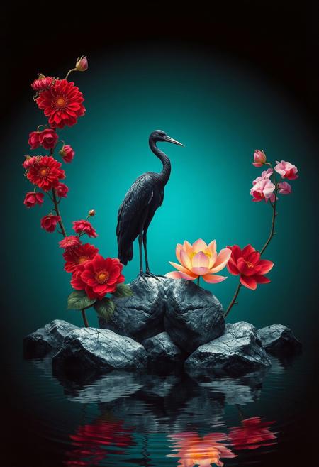 A surrealist art poster presents a solitary black crane perched on silver rocks. The background is a dark teal gradient shifting to jet black. Around the crane bloom deep red dahlias, clusters of pink orchids, and a glowing lotus. Each element glistens with a metallic edge. Reflections ripple in a glassy surface below.,bfoadh, , grainy film texture, raw amateur aesthetic, 2000s nostalgia <lora:Touch_of_Realism_SDXL_V2:0.6> touch-of-realismV2
