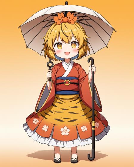 toramaru shou,1girl, solo, wide_sleeves, orange_background, long_sleeves, red_kimono, open_mouth, holding_umbrella, smile, oil-paper_umbrella, hair_ornament, standing, looking_at_viewer, blush, gradient, obi, yellow_background, tiger_print, gradient_background, hands_up, floral_print
<lora:toramaru_shou_image1879_2023-12-20-000010:1>,star-shaped_pupils,symbol-shaped_pupils,. gorgeous,key visual, vibrant, studio anime,award-winning, professional, highly detailed,high budget, cinemascope