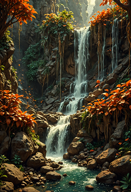 Psychedelic style trinket depicting a  in Block Waterfall, close-up, orange ficus is aesthetical, charmed hailstorm on the background , expressive, dramatic, organic lines and forms, dreamlike and mysterious, Surrealism (embedding:OverallDetailXL:0.8) <lora:F_ShubbleXL:0.8>