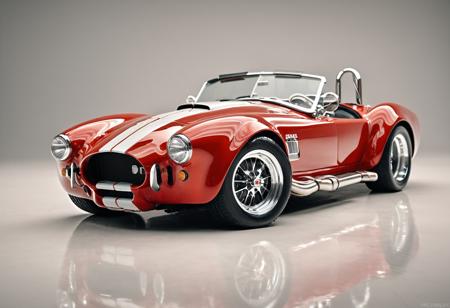 Tilt-shift photo of a red and white car is on display, cobra, classic cars, classic car, high resolution print :1 red, today's featured photography 4k, red realistic 3 d render, red facial stripe, automotive photography, vintage cars, by Michael Flohr, beautiful perfectly detailed, sportscar, full view of a sport car, fine fiberglass, car photography, fiberglass,, <lora:Art Brenner CLIP:1>,Art Brenner, . Selective focus, miniature effect, blurred background, highly detailed, vibrant, perspective control
