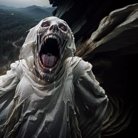 <lora:RPGBanshee> photo of banshee, white cloak, open mouth, teeth, skeletal, ((screaming)), mountains, ((night)), 8k, depth of field, looking at viewer