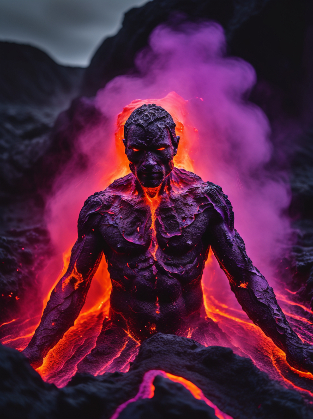 very dark cinematic extreme closeup photo of a man made of glowing flowing dark violet lava in a lava world, coming up out...