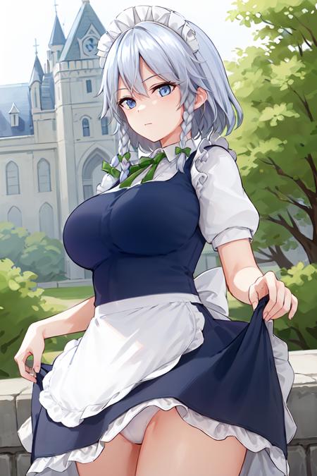 ((masterpiece, best quality,distinct image)), 1girl, solo, touhou, izayoi sakuya, white shirt, puffy short sleeves, frills, white maid apron, maid headdress, blue dress, (skirt lift:1.2),panties,  looking at viewer, expressionless, outdoors, outside of a castle <lora:Izayoi Sakuya:0.6>