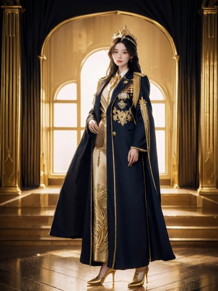 1girl, solo, straight hair, full body,looking at viewer,sunlight,  a magic portal to a parallel world,An exquisite empress officer uniform with a golden-embroidered coat, adorned with a regal crown emblem., <lora:h2iai_fullshot_v0.1:0.55>, <lora:Style_FilmGirl_VELVIA_2:0.8> , high heels,