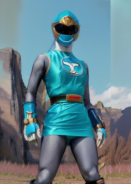 (Photorealistic:1.4), (masterpiece:1.3), ultra quality, extreme details, delicate details, sunny day, japanese actress, illustrated, ((shadow casted onto subject)), dramatic lighting, (((heroic stance))), hands on hips, (highres:1.5), Best quality, masterpiece, 1girl, (((Hurricane Blue outfit, belt, gloves, helmet, tight blue bodysuit, blue boots,  blue skirt, gray leggings, white gloves))) realistic, solo, (((breasts))) <lora:Hurricane Blue v1.6:1>, jungle background, (small breast:1.1), mountain,