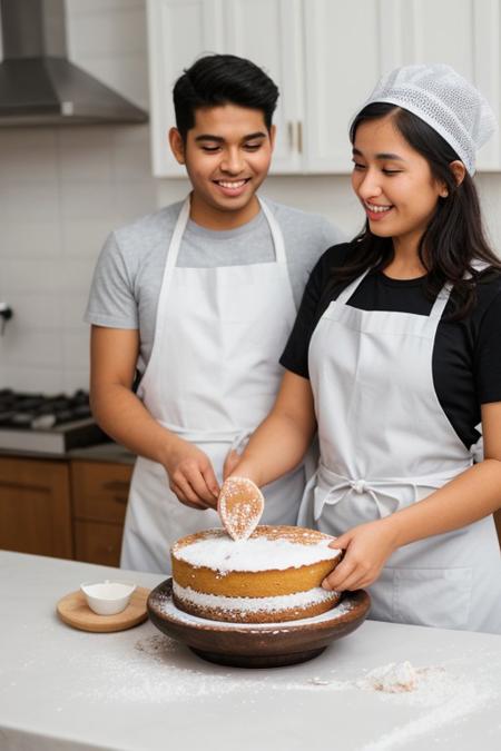 Cheerful young woman and man mixing cake with flour, making, on a table. "Isolated on white background", "wide shot", apron, sri lankan, uncropped, looking at the cake, holding a cake