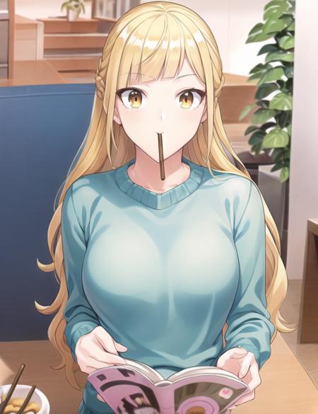 ultra high quality illustration, anime, high quality , 8k, masterpiece, realistic human female, realistic proportions, detailed face, smooth soft skin, realistic dreamy eyes, beautiful intricate colored hair, symmetrical, intricately detailed hair, soft lighting, detailed eyes, beautiful, (looking at the viewer), smooth skin, perfect skin, (beautiful detailed face), Hinakura Riko, long hair, bangs, skirt, blonde hair, long sleeves, yellow eyes, braid, indoors, sweater, chair, table, plant, french braid, half updo, wooden floor, open book, pocky, reading, potted plant, grey sweater, magazine (object), manga (object)