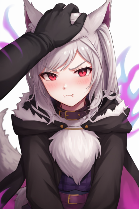 (masterpiece, best quality:1.2), fvrobin fe, blush, simple background, gloves, white background, closed mouth, tail, upper body, solo focus, belt, hood, collar, fur trim, wolf tail, pout, headpat, aura, dark aura