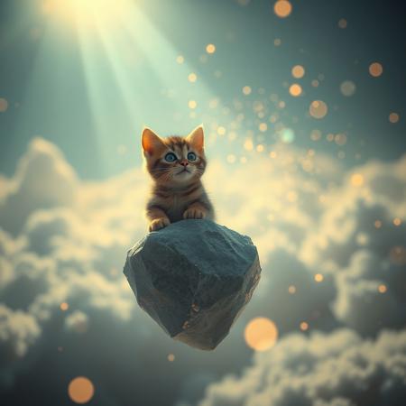 A cinematic high-angle shot captures a tiny, adorable cat perched serenely on a floating, crystalline rock amidst a surreal dreamscape. Volumetric light rays from an unseen source pierce through ethereal clouds, illuminating a whirlwind of glowing, magical particles that dance in the air. The shallow depth of field creates a beautiful bokeh, with every intricate detail of the cat’s fur in sharp focus, while subtle lens flare and chromatic aberration add a photorealistic quality. The cat’s curious eyes, reflecting the scene, seem to hold the secrets of this impossible, glowing world.