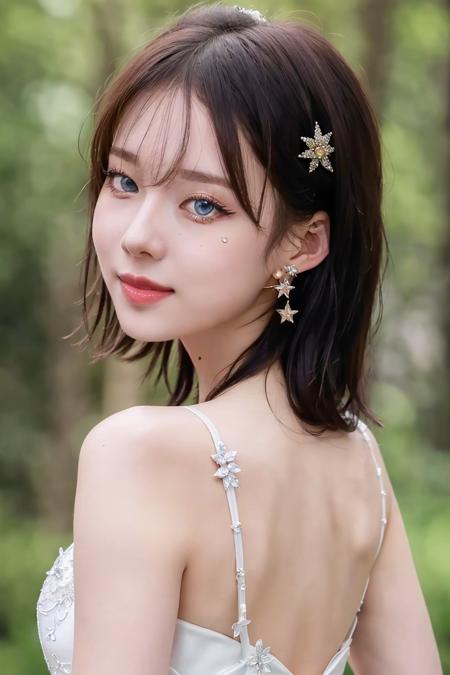 (masterpiece), a stunning portrait of young gorgeous woman, (face close-up), 8k, raw photo, looking at viewer, (highly detailed skin:1.2), slim body,(photorealistic:1.4), in the middle of forest, solo, (star earring:1.2), black hair, blue eyes, short hair, (looking at viewer), from behind, <lora:FilmG4:0.6:PALETTE>, smile, wedding dress with flower-shaped lace<lora:FilmProvia2:1.0>