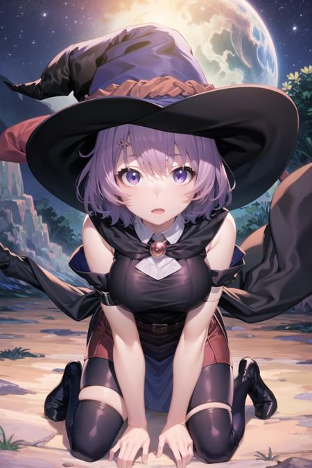 anime, best quality,night,palace,1girl,dynamic angle,purple eyes,purple hair,short hair,witch hat,magical,