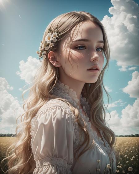 yulia in a field and a sky background with clouds, long blonde hair, brown eyes, ((focus, sharpen))  
 (realistic skin texture)
 (photorealistic:1.2) (extremely intricate), (exquisitely detailed), highly detailed, highres, original, extremely detailed 8K wallpaper, best quality, detailed face, ultra-detailed, (masterpiece, best quality:1.4), (beautiful, perfect, delicate, detailed, intricate, aesthetic:1.2),   <lora:Yulia_EnBa:1>