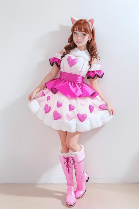 cut3h34rts, pink puffy hearts, pink dress, knee high pink boots, white cat ears