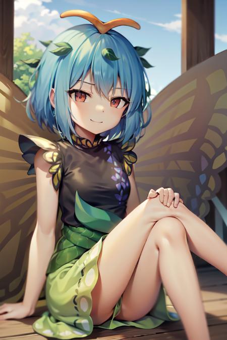 eternity larva aqua hair short hair antennae leaf on head green dress butterfly wings