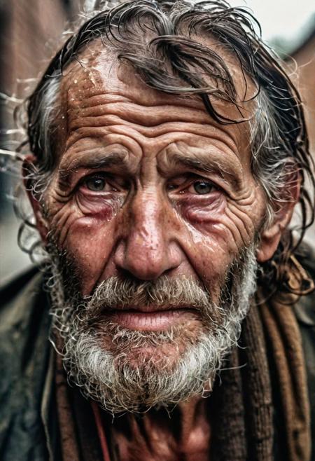 portrait of very old,(150 years old), poor, homeless, tired, man, toothless ,open mouth, teeth, wet skin (intense stare:1.3),in a dirty alley,(headshot:1.2),(face focus:1.1),(facing the camera:1.2),head in the center,slight smile but sad,(facing straightforward:1.2),(forward facing:1.1),face,Head,Head focus,Head tilted down,bokeh,f1.4,40mm,photorealistic,raw,8k,skin pores,dried-up,textured skin,intricate details,dramatic light,award winning,style by Dan Winters,RAW photography,film grain,(indistinguishable from reality:1.4),photo taken with a Bolex H16, (detailed facial features:0.2), high quality, professional photo, 28mm, (intricate detail), ((incredibly detailed skin:0.38)), Surreal Harmony, cinematic, lighting, 8K, HDR10, analog,
