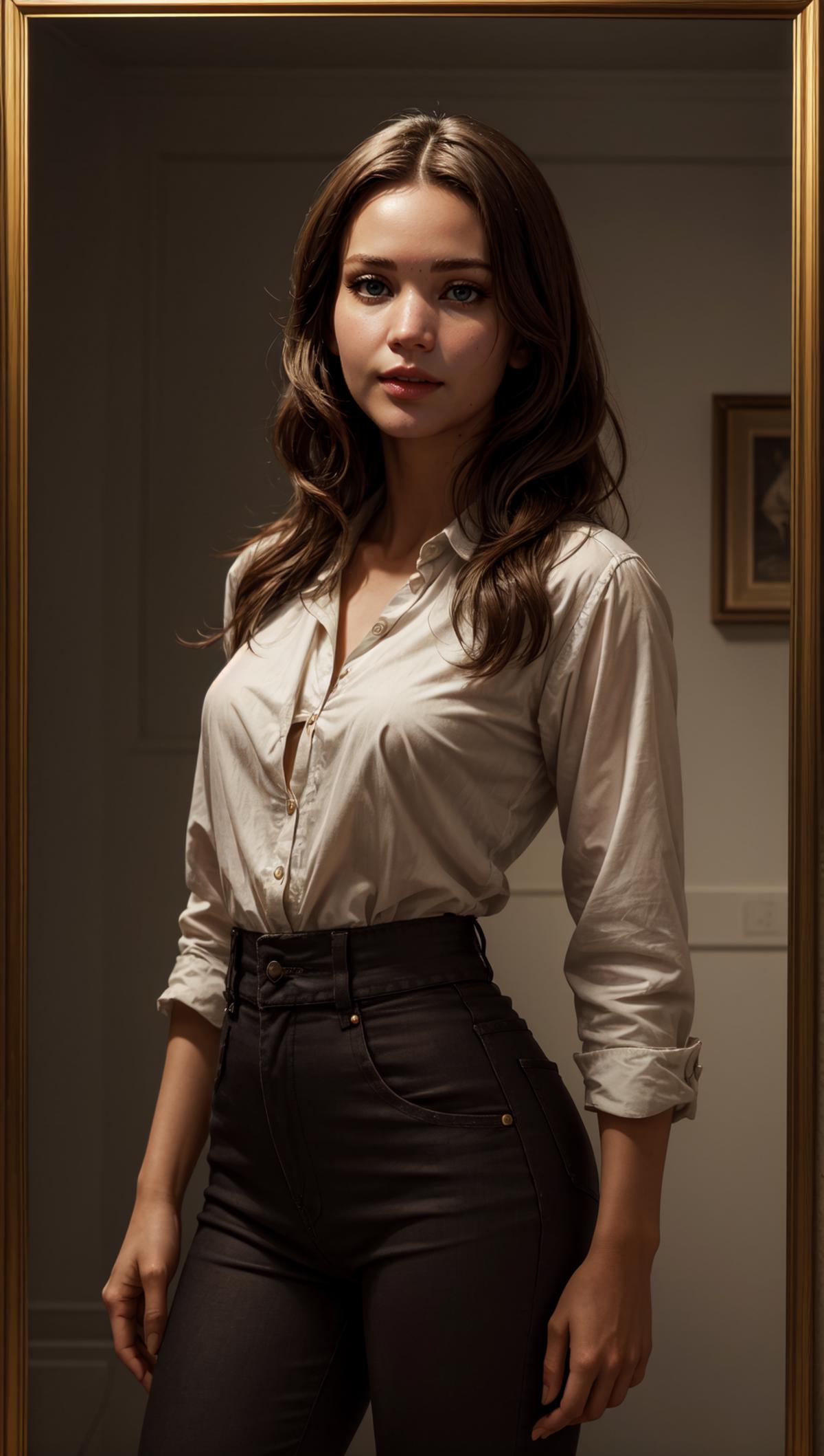 A woman wearing a white shirt and brown pants stands in front of a mirror.