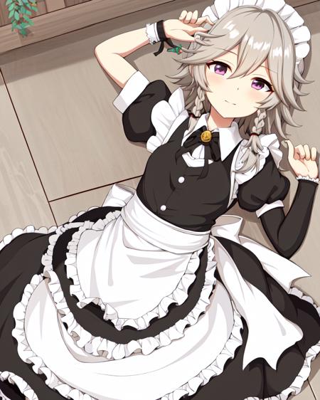 eratoho, izayoi sakuya,silver hair, (black maid costume:1.4) <lora:e2w-v04:1:eratoho_v4>