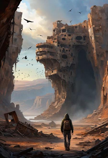 Hyper-realistic digital painting, post apocalyptic, dawn, swirling circular stone cliffs, the frames of rusty military equipment, a teenager in a hoodie walking into the distance, flying birds, dramatic lighting, ultra-fine details.