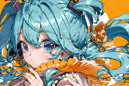 best quality, masterpiece, extremely detailed, detailed background, best quality, masterpiece, extremely detailed, detailed background, 1girl, hatsune miku, solo, long hair, twintails, looking at viewer, floating hair, simple background, upper body, yellow background, hands up, aqua hair, nail polish, aqua eyes, blue hair, see-through, bangs, blue eyes, hair ornament, aqua nails