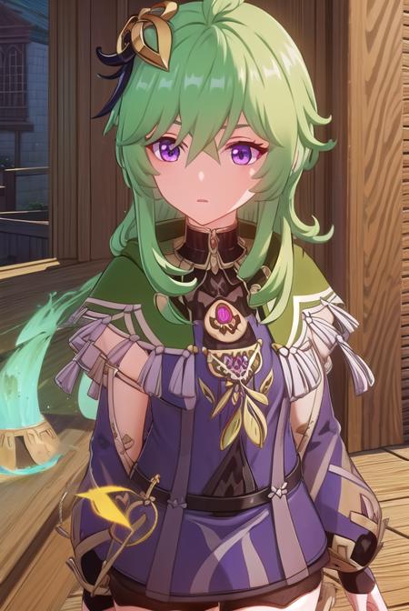 collei, bangs, hair ornament, hair between eyes, (purple eyes:1.1), green hair, thighhighs, long sleeves, jewelry, zettai ryouiki, capelet, vision \(genshin impact\),