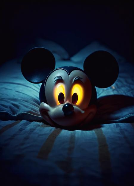 <lora:ral-ertmsphr:0.65> ral-ertmsphr,  Mickey Mouse under the bed, glowing Eyes, at night