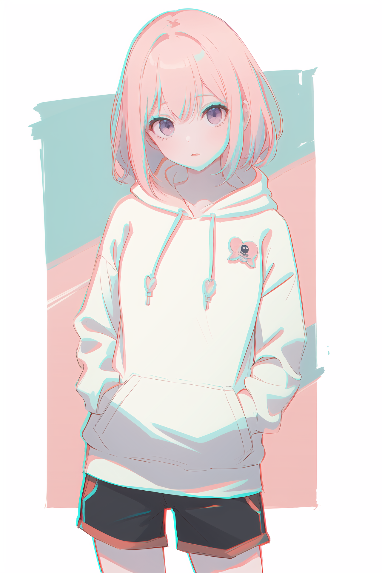 (best quality, masterpiece, highres),1girl,solo,<lora:anaglyph RG_v1s:1>,hoodie,shorts,