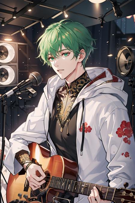 masterpiece, best quality, 1 male, adult, handsome, tall muscular guy, broad shoulders, finely detailed eyes and detailed face, extremely detailed CG unity 8k wallpaper, intricate details, green hair, oversized hood, Musician, Musical attire, Recording studio, Composing music, Performing live, Collaborating with other musicians, depth of field