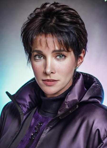 portrait of skswoman, coy , wearing outerwear , with purple Pixie cut , background roman city epic (photo, studio lighting, hard light, sony a7, 50 mm, matte skin, pores, colors, hyperdetailed, hyperrealistic), <lyco:Connie Sellecca:1.1>