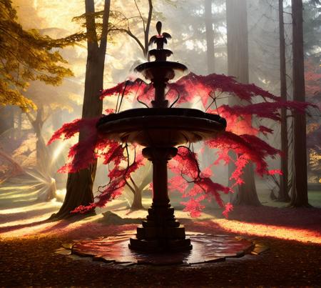 rogowoarboretum (mythical fountain:1.2) between the spectacular tree with red and yellow leaves, intricate detail, dense fog covered ground, (Tyndall effect:1.2), natural lighting, very sharp, professional nature photography <lora:hjrogowoarboretum_v10:0.8>