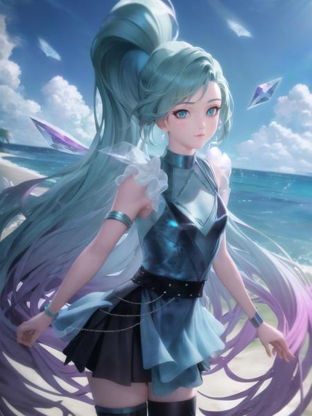 beach, high detailed, 8k, highres, (k/da all out seraphine), league of legends, k/da \(league of legends\), cowboy shot, 1girl, solo, aqua hair, gradient hair, multicolored hair, blue eyes, lips, long hair, long ponytail, ponytail, earrings, jewelry, armlet, bracelet, choker, ice wings, blue dress, layered clothing, black skirt, single bare shoulder, thighhighs