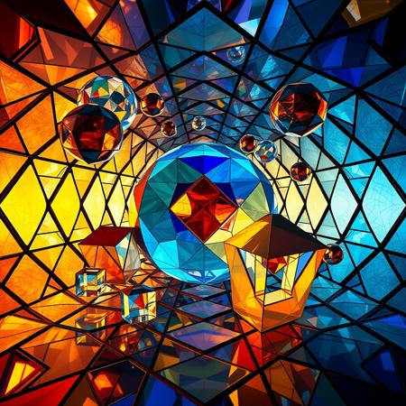 3D art, Abstract 3D geometiric shapes floating in harmonious patterns. Spheres, cubes, and pyramids made from stained glass. Beautiful harmony pleasing to the eye.  It could be a beautiful space you would want to float in to experience tranquility. 