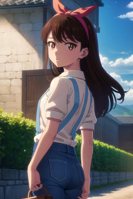 anju, long hair, black hair, (brown eyes:1.5), hairband, ribbon, hair ribbon, shirt, bow, white shirt, short sleeves, suspenders,