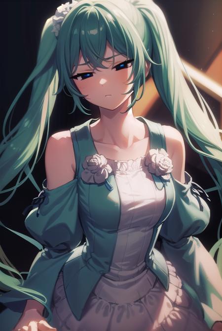 margaritablankenheim, <lora:margaritablankenheim-lora-nochekaiser:1>,
margarita blankenheim, aqua eyes, aqua hair, long hair, twintails, <lora:hotarueye_comic2_v100:1>,
BREAK aqua dress, bare shoulders, clothing cutout, collarbone, dress, frilled dress, frills, long dress, shoulder cutout, wide sleeves,
BREAK cowboy shot, looking at viewer,
BREAK indoors, bed,
BREAK <lyco:GoodHands-beta2:1>, (masterpiece:1.2), best quality, high resolution, unity 8k wallpaper, (illustration:0.8), (beautiful detailed eyes:1.6), extremely detailed face, perfect lighting, extremely detailed CG, (perfect hands, perfect anatomy),