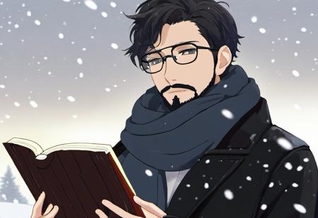 a man wearing glasses and a scarf, standing in front of a snowy background. He is holding a book in one hand and looking at it with a serious expression on his face. The man is wearing a black jacket and a white shirt, and his hair is messy and unkempt. The snowy background provides a contrast to the manâs dark clothing, making him stand out in the image, masterpiece, best quality, cinematic composition, best lighting, 1boy, male focus, solo, book, glasses, facial hair, holding book, holding, scarf, short hair, upper body, snowing, thick eyebrows, weapon, frown, weapon on back, sideburns, looking at viewer, closed mouth, beard, jacket, long sleeves