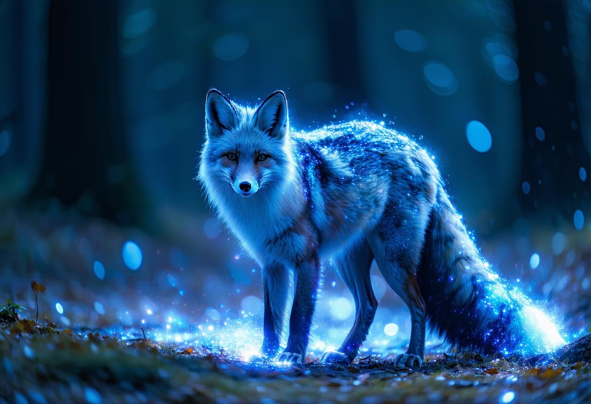 a photo realistic scene of a magical fox with magical features and the image has magical effects in it. the fox has blue fur with white underside and black tail tip and ear tips. the scene is set at night