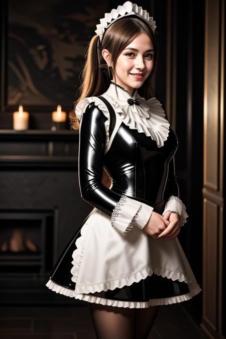 ((Masterpiece, best quality, cinematic lighting, 8k, full body shot, long hair, hour glass body)), (smile:0.85), (realistic background)
<lora:Bw_Latex_Miad_By_Stable_Yogi:1>
latex pattern, maid headdress, maid outfit, apron