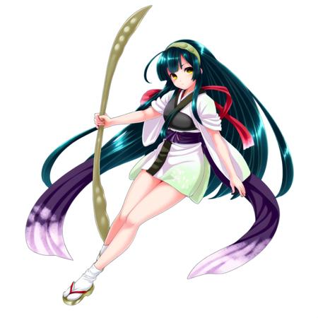 1girl, holding_bow_\(weapon\), japanese_clothes, kimono, long_hair, muneate, sandals, tabi, yellow_eyes, touhoku_zunko, red_tasuki, bean_headband, black_breastplate, green hair ,<lora:Zunko_v3:0.6>