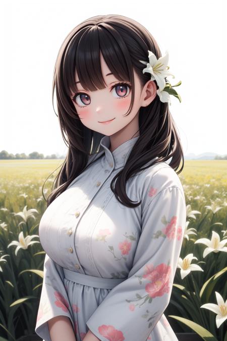 masterpiece, best quality, 1girl, smile, portrait, field of lily, large breasts, sun rays, long floral print dress,