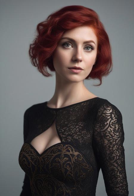 Enchantress, 
Woman wearing black filigree cutout dress, 
red hair, 
half body view, 
looking at the viewer, 
sharp focus, 
slight smile, 
photograph, 
4k resolution, 
golden ratio, 
trending on art station, 
ultra high quality model, 
sharp focus