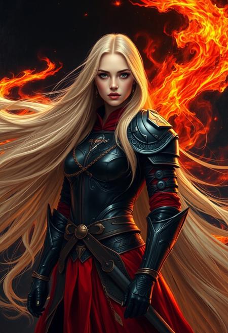 A blonde woman with long hair wearing black and red armor, flowing in the wind like flames of fire, in the style of Alex Alemany. This fantasy art style painting features high detail, high resolution, perfect details, perfect colors, a dark background, cinematic lighting, a beautiful composition, detailed, high definition, sharp focus, intricate details, hyper-realistic, super detailed, very professional, and very smooth
extremely long hair, 100-feet of hair, super long hair, real rapunzel, rapunzel, rapunzel long hair, hair fetish, hair job, Dreamgirl, Goddess, gorgeous, amazing hair, longest hair, perfect hair, longest hair ever, hairstyles, hairstyling, hair, Debra Jo hair, extreme hair, extreme long hair, extremely long hair, Debra Jo, extreme longest hair, voluminous hair, thick and luxurious hair which is hangs to the floor and covers it. Her expression radiates confidence as she shows off her thick, luscious locks. super thick soft luxurious long lush sleek heavy voluminous cascading pendulous ultra silky pendulous shampoo commercial hair dragging the ground, around her on floor, hair piles behind her on floor