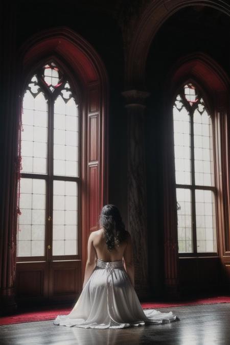 RAW photo, 8k uhd, dslr, high quality, ultra-realistic, realistic, realism, film grain, Fujifilm XT3.
View from behind, dark mansion, 1woman wearing a satin white dress, blood-stained, voluptuous body, kneeling, hands raised above head, gothic-sacrificing alter, room lit by candles golden chalice, blood spilling out