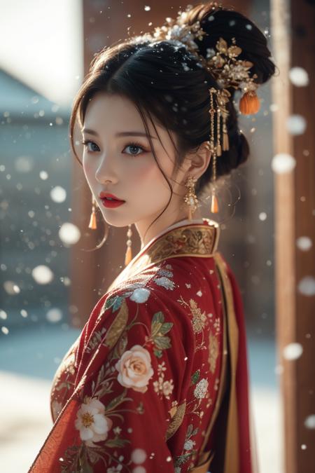 Warm Snow,1girl,solo,hair ornament,black hair,jewelry,earrings,looking at viewer,blurry,snow,snowing,red lips,chinese clothes,looking back,upper body,flower,blurry background,makeup,black eyes,lipstick,hair stick,realistic,floral print,lips,closed mouth,
best quality,masterpiece,illustration,an extremely delicate and beautiful,CG,unity,8k wallpaper,Amazing,finely detail,masterpiece,official art,extremely detailed CG unity 8k wallpaper,incredibly absurdres,huge filesize,ultra-detailed,highres,extremely detailed,beautiful detailed girl,realistic,<lora:Warm Snow:0.8>,